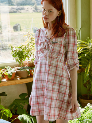 (OP-20313) CHECK SHIRRING PUFF-SLEEVE ONE-PIECE RED