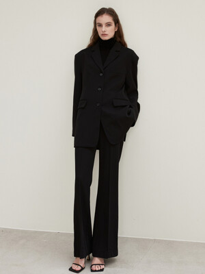 OU956 (SET) slim waist over jacket+rayon semi bootscut slacks (black)