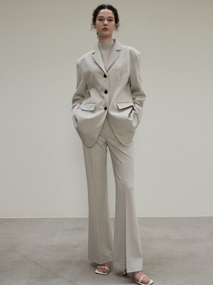 OU956 (SET) slim waist over jacket+rayon semi bootscut slacks (grayish beige)