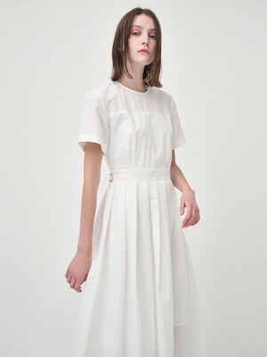 Half Sleeve Pleats Dress, White