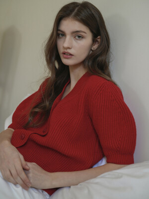 V-neck Shirring Half Knit Cardigan (Red)