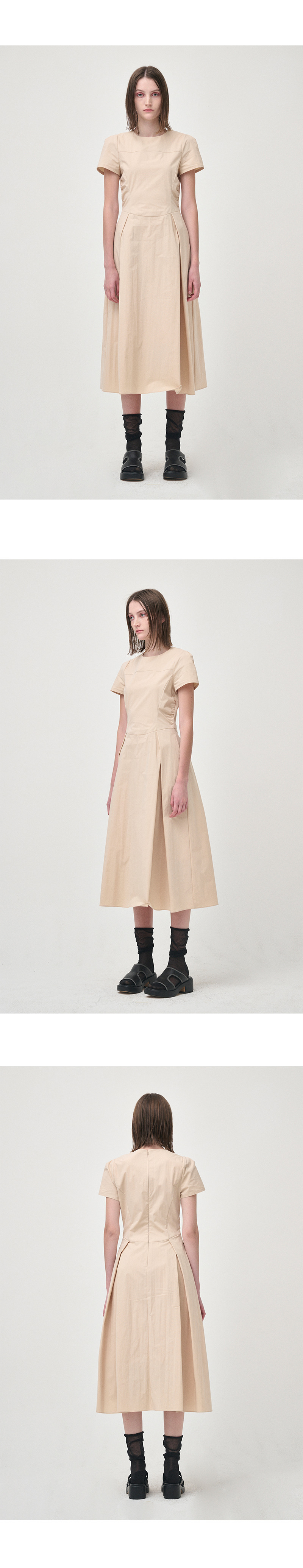 에트몽]Side Shirring Pintuck Dress, Yellow Beige