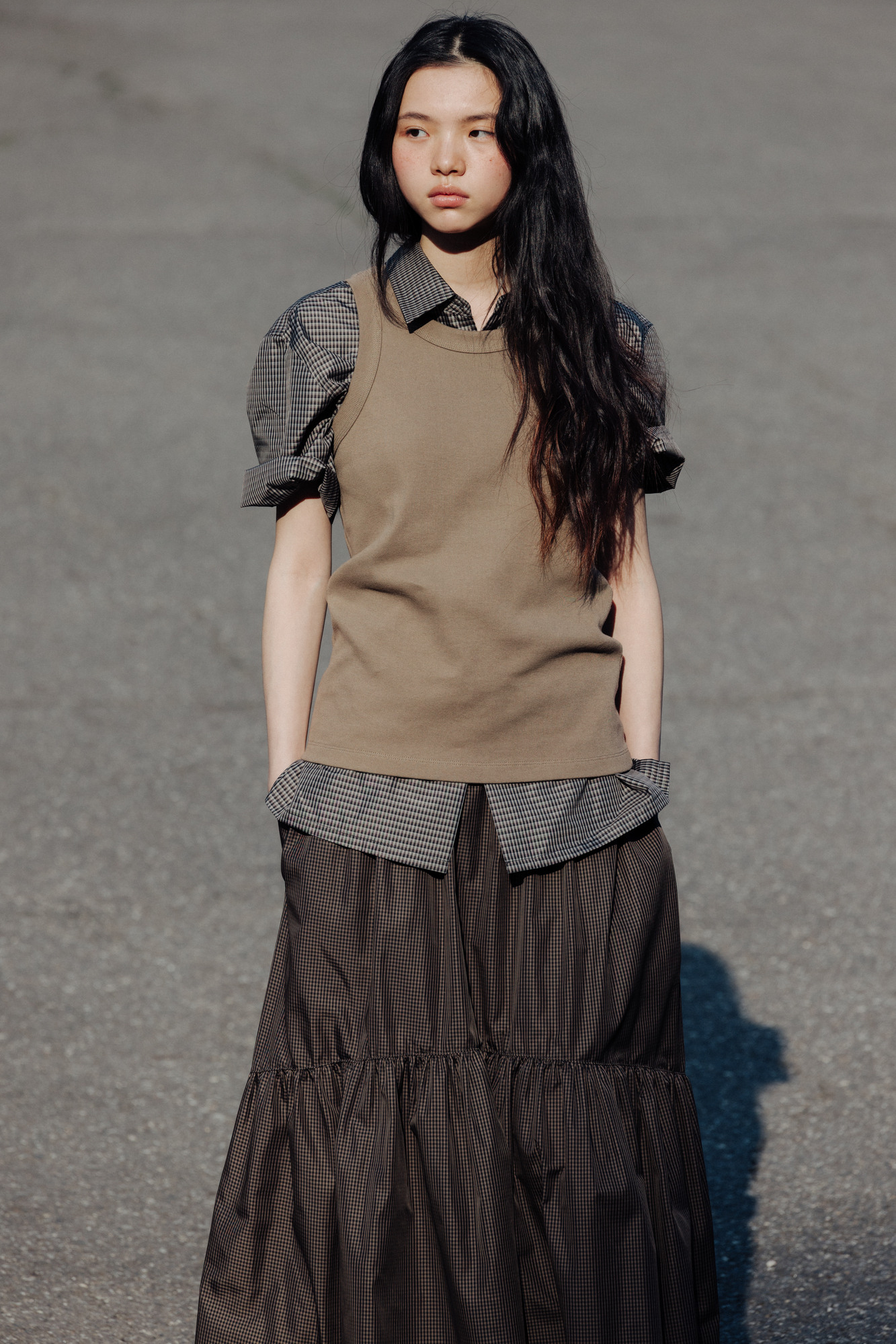 スカート MONOHA : 25SS / Gingham check shirring skirt (brown) Gingham check shirring skirt (brown) : MONOHA