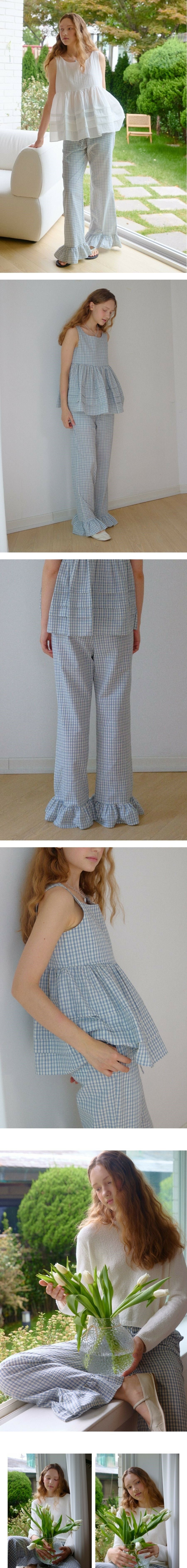 OHKUKKA サマー ストリング フリル パンツ ブルーチェック