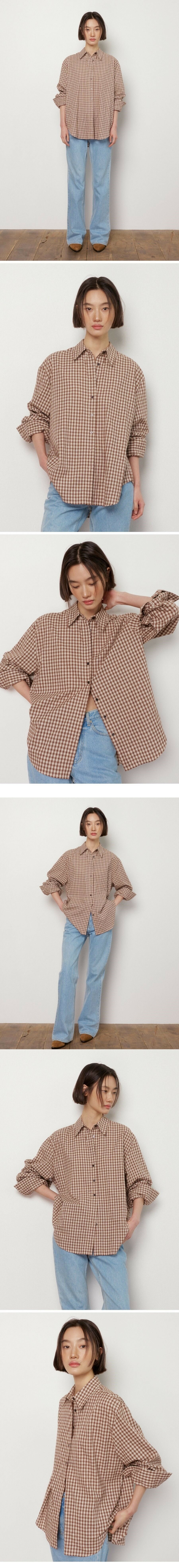 OHKUKKA]Check Oversized Shirt (brown)