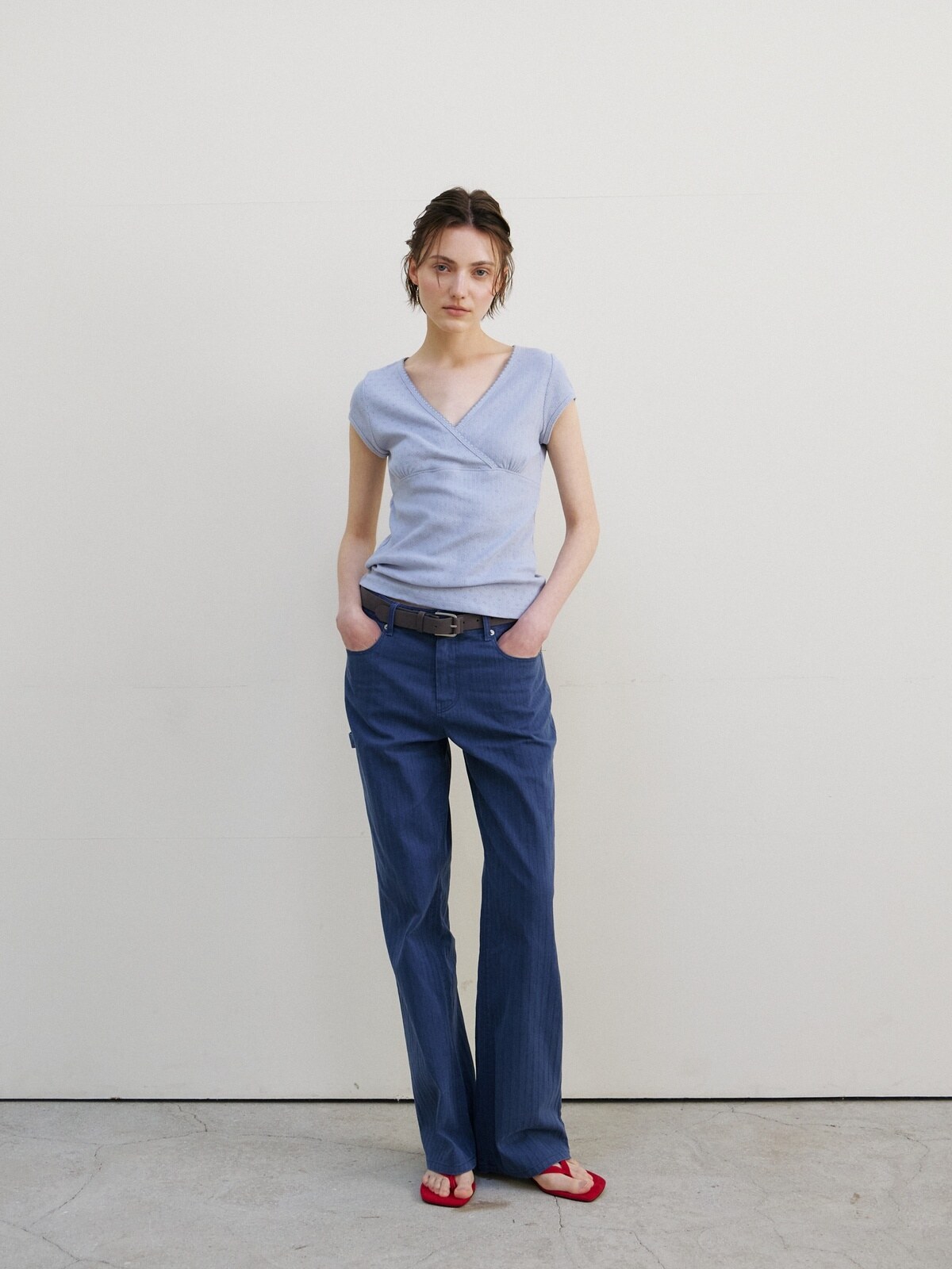 SCALLOP NECK WRAP T-SHIRT - 2 COLORS SKY BLUE