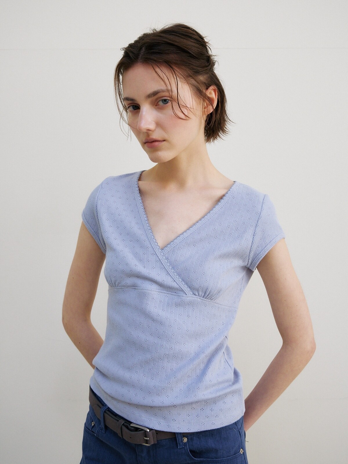 SCALLOP NECK WRAP T-SHIRT - 2 COLORS SKY BLUE