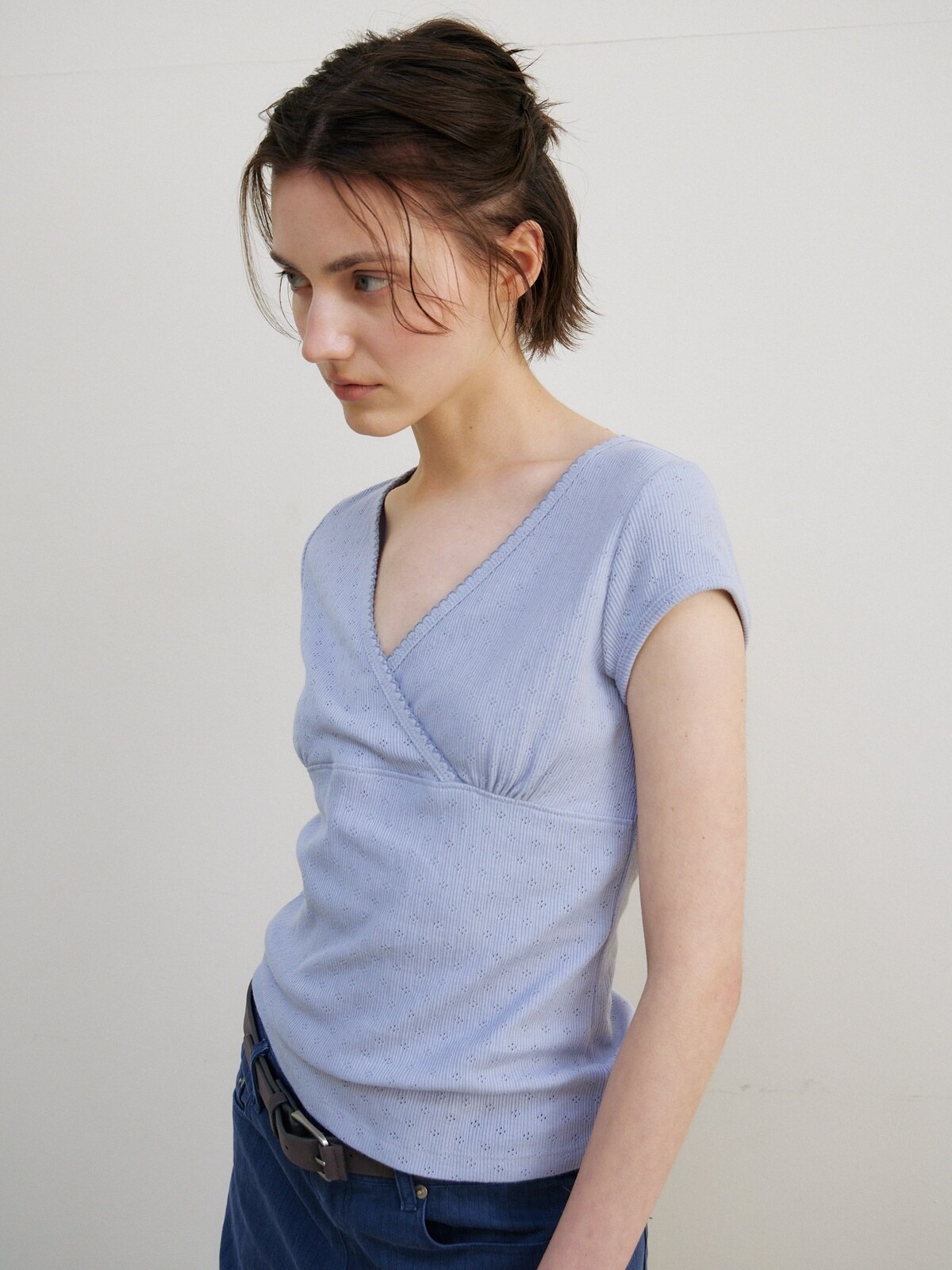 SCALLOP NECK WRAP T-SHIRT - 2 COLORS SKY BLUE