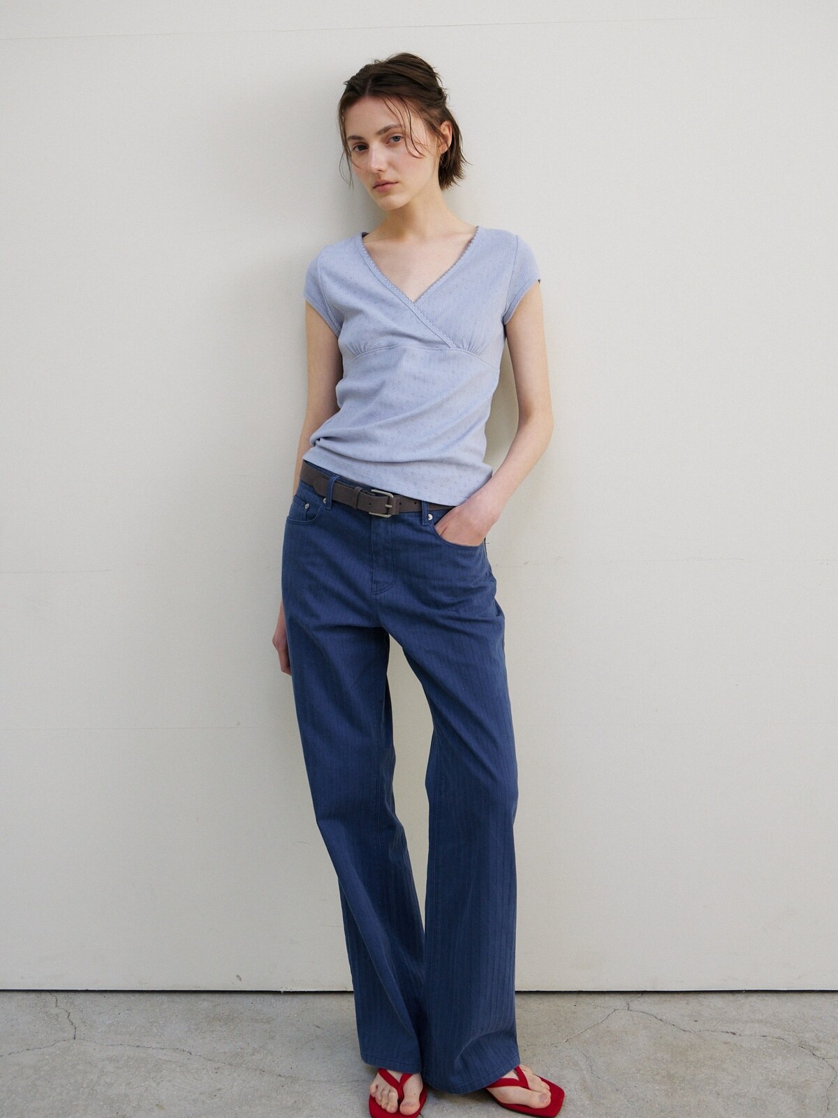 SCALLOP NECK WRAP T-SHIRT - 2 COLORS SKY BLUE