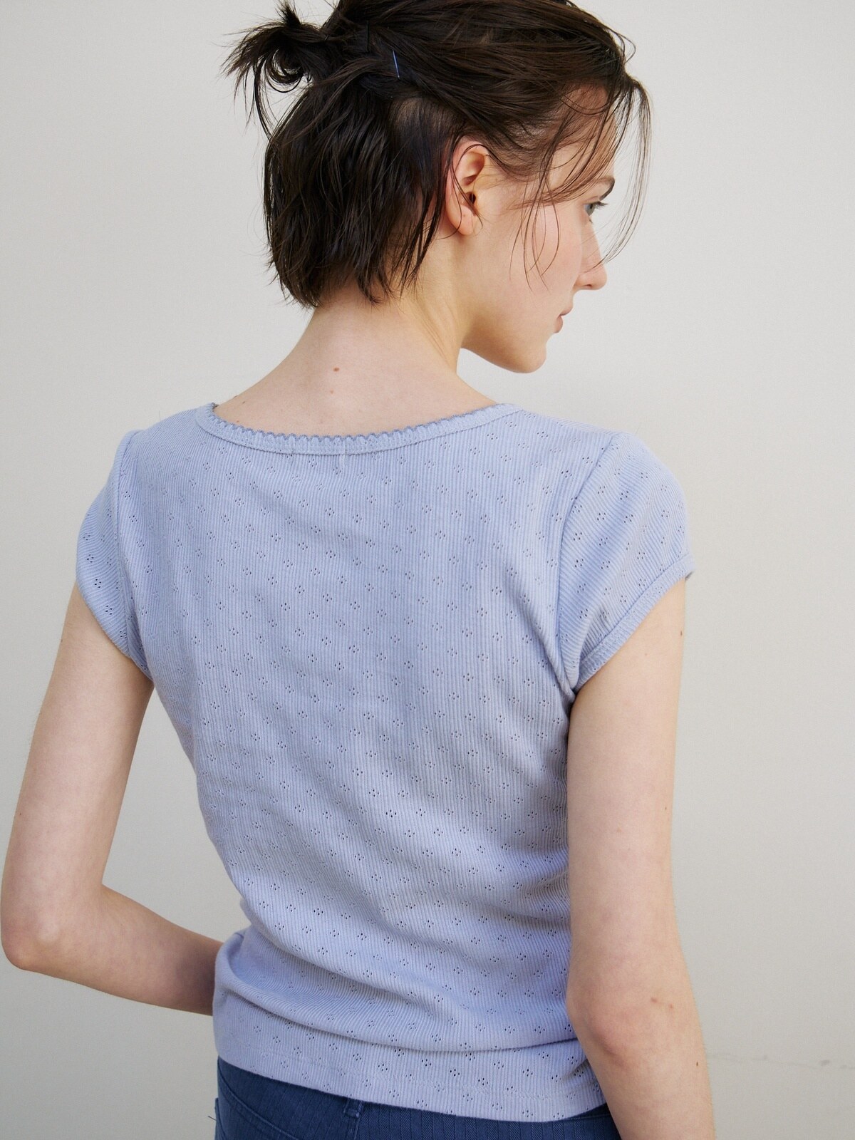 SCALLOP NECK WRAP T-SHIRT - 2 COLORS SKY BLUE
