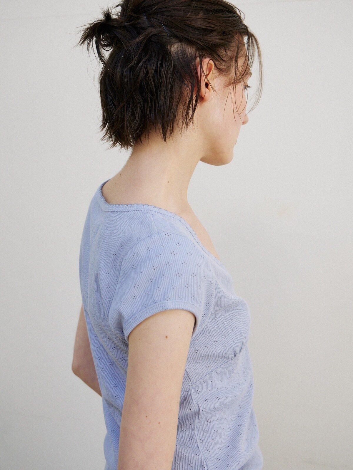 SCALLOP NECK WRAP T-SHIRT - 2 COLORS SKY BLUE