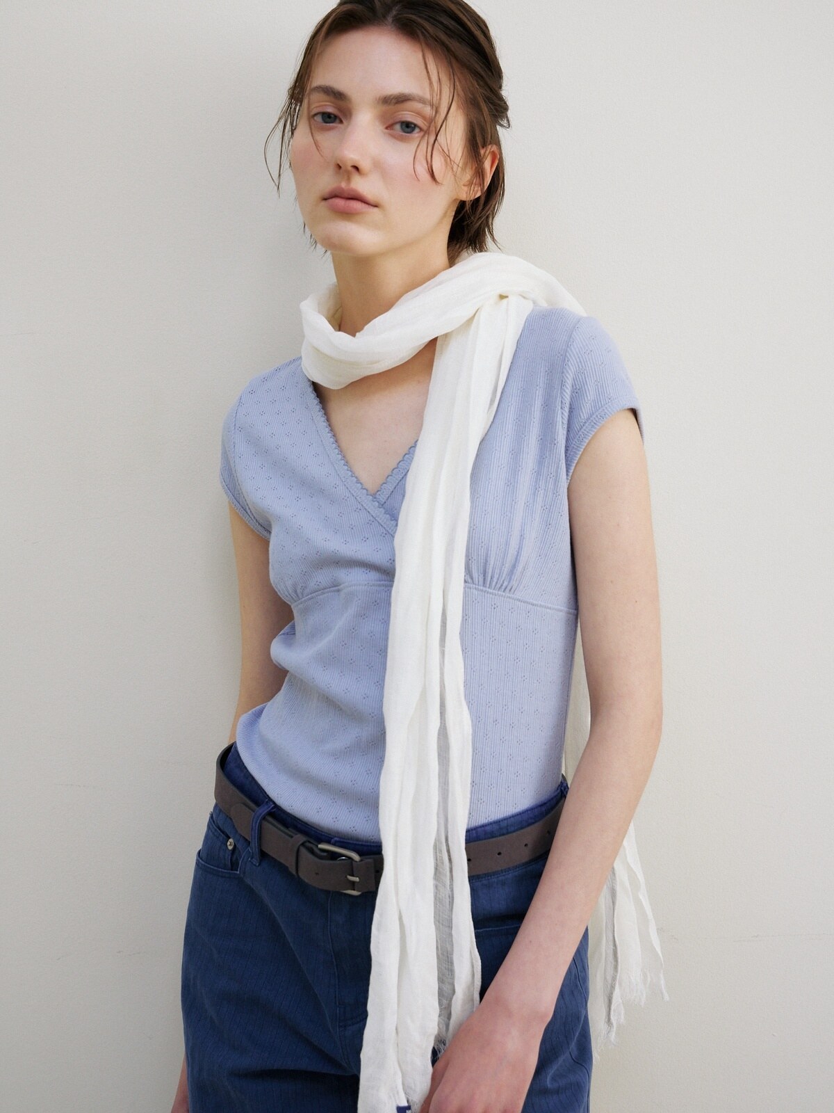 SCALLOP NECK WRAP T-SHIRT - 2 COLORS SKY BLUE