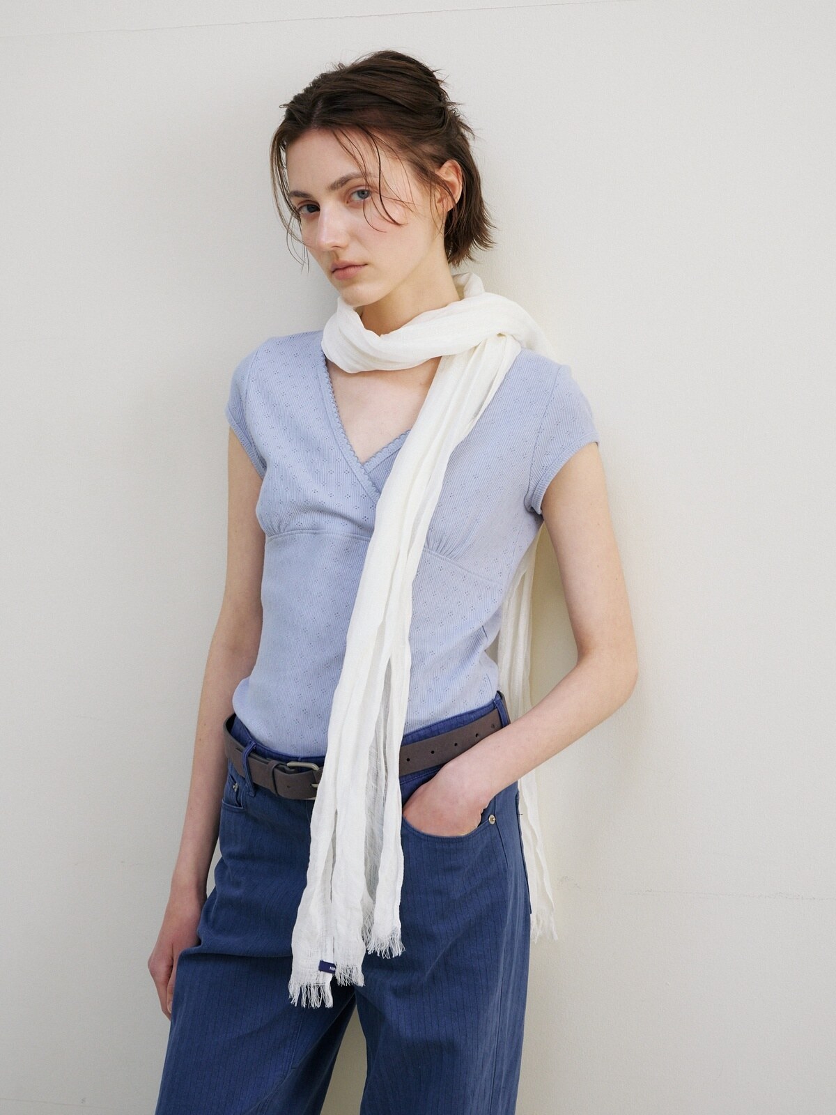 SCALLOP NECK WRAP T-SHIRT - 2 COLORS SKY BLUE