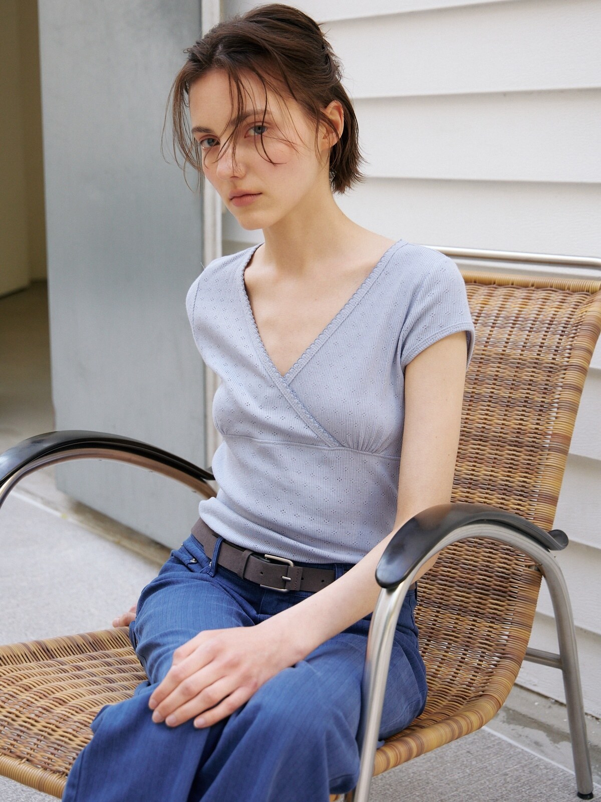 SCALLOP NECK WRAP T-SHIRT - 2 COLORS SKY BLUE
