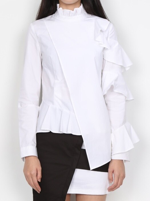 WHITE ASYMMETRY RUFFLE BLOUSE