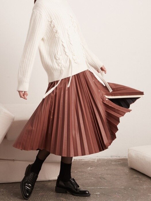 Open Pleated Leather Skirt- Marsala