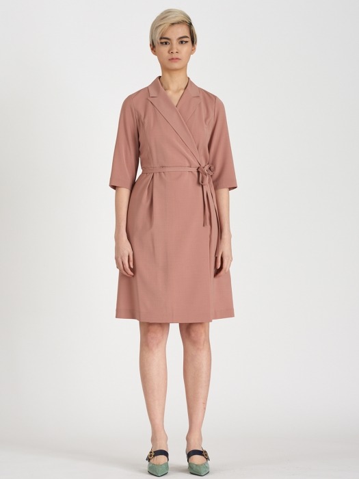 Peaked-UP Lapel Summer Wool Formal Wrap-Dress_CANYON CLAY
