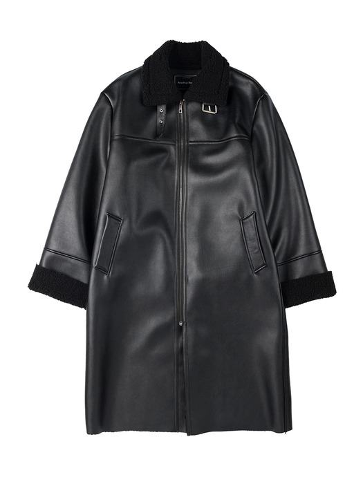 LEATHER FLEECE LONG MUSTANG COAT (BLACK)