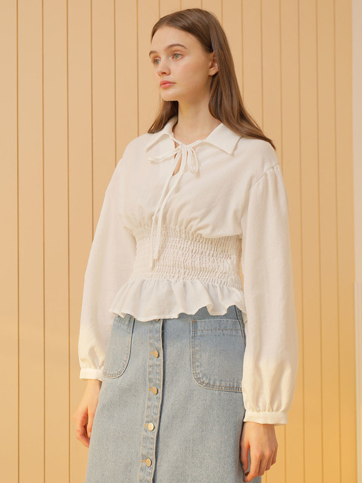 WAIST SMOCKING BLOUSE_WHITE