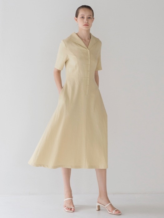 Collar Shirring Dress - Butter Yellow