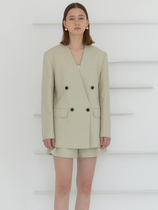 DANNY_Collarless Double Breast Semi Over-Fit Jacket_Light Olive Beige