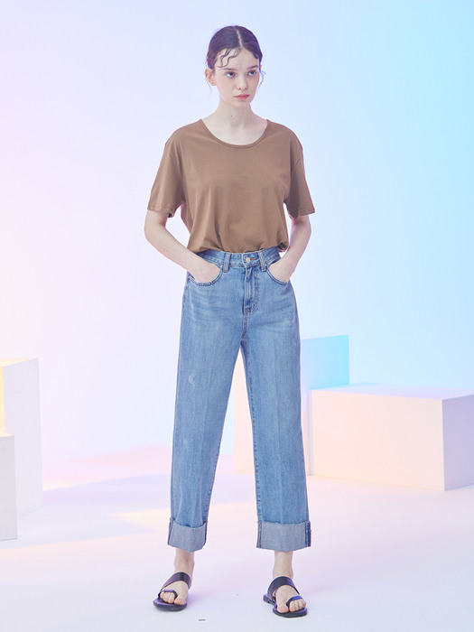 ROLL-UP STRAIGHT DENIM PANTS BLUE