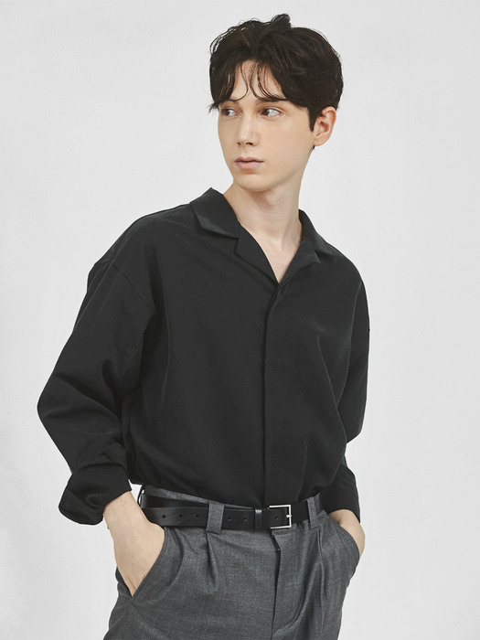 BLACK Oversized Opencollar Silket Shirts
