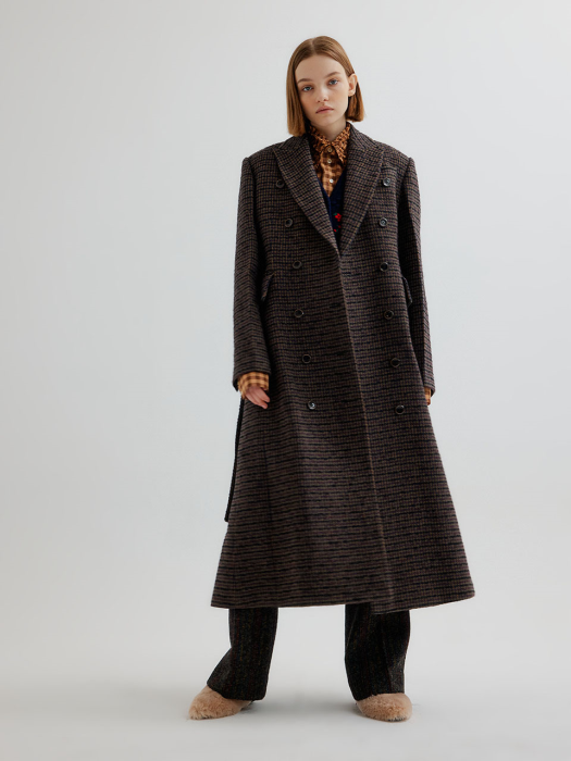 TAYLOR Double-Breasted Check Coat - Burgundy/Yellow/Blue Multi