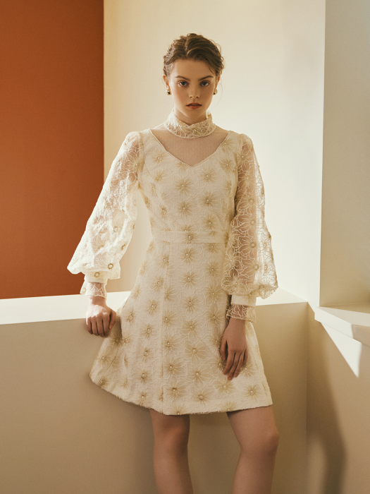 IPY / See-Through Lace Volume Sleeve Dress(yellow)