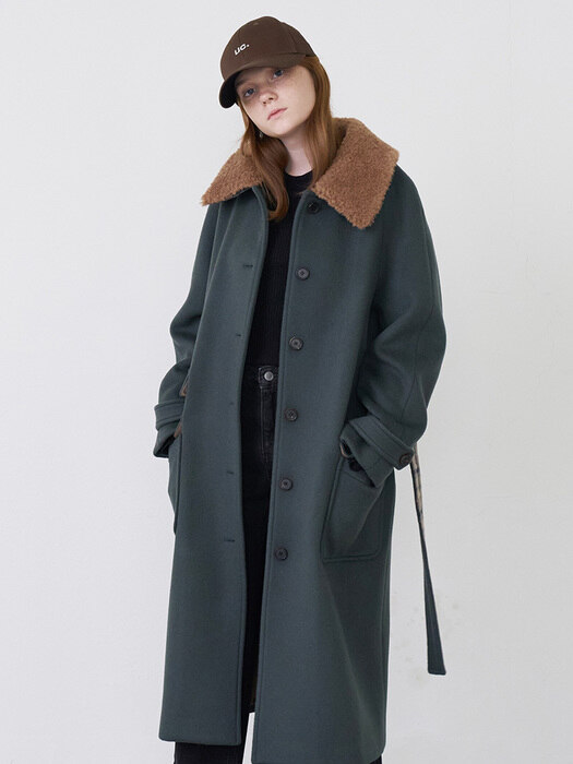 21 Fall_Green Belted Wool Coat [Brown Shearling Collar] 