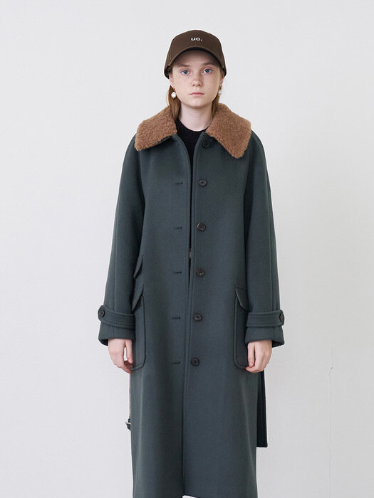 21 Fall_Green Belted Wool Coat [Brown Shearling Collar] 