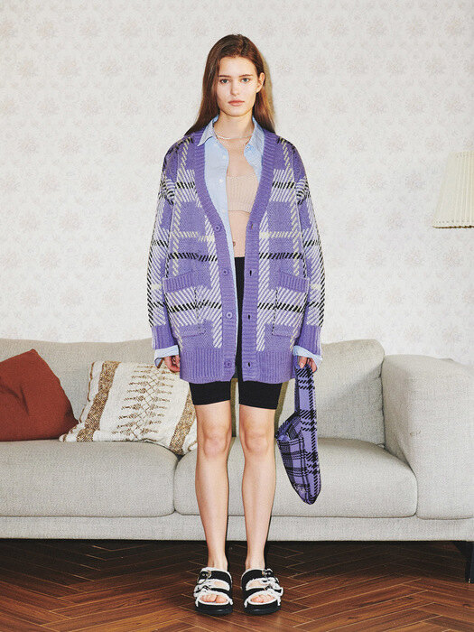 JACQUARD CHECKED KNIT CARDIGAN_LAVENDER (EEOO4CDR01W)