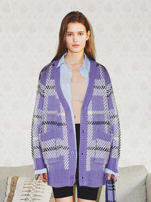 JACQUARD CHECKED KNIT CARDIGAN_LAVENDER (EEOO4CDR01W)