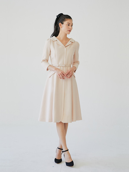 [미전시]DIANA V-neck notched collar flared tweed dress (Pale pink)