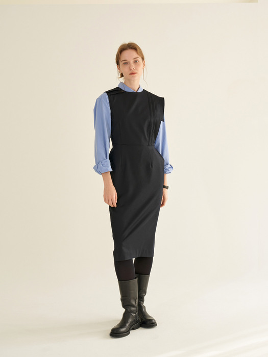 Wool tuck dress (Dark navy)