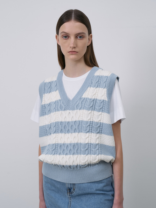 Cotton Cable Stripe Vest-Sky Blue