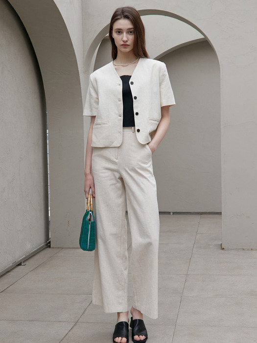 j950 linen short jacket +linen wide pants (ivory)