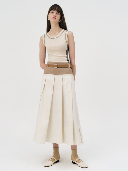 22 Summer_ Cream Cotton Pleats Skirt