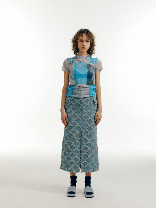 Y2K Denim long skirt - grid medium washed