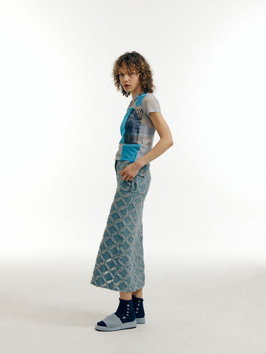Y2K Denim long skirt - grid medium washed