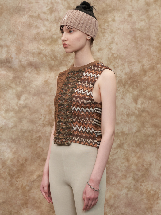 MIXED KNIT VEST / BROWN