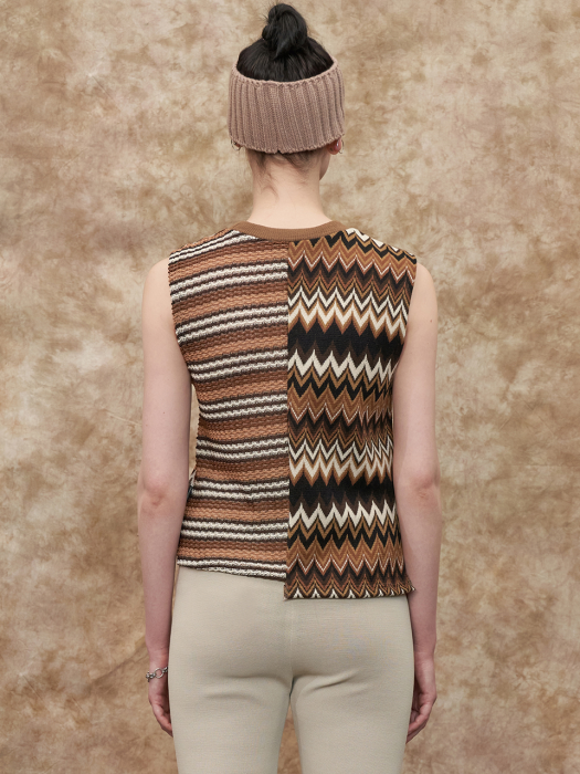 MIXED KNIT VEST / BROWN