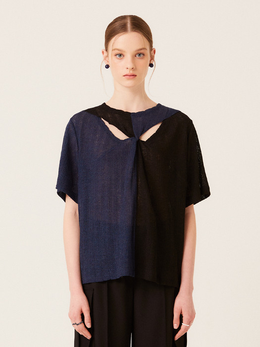 TWISTED LINEN KNIT TOP (NAVY)
