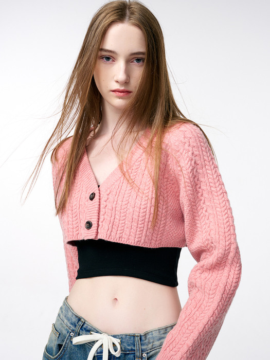Cable Crop Knit Cardigan, Pink