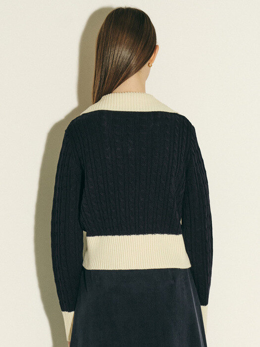 cable v-neck collar knit_navy