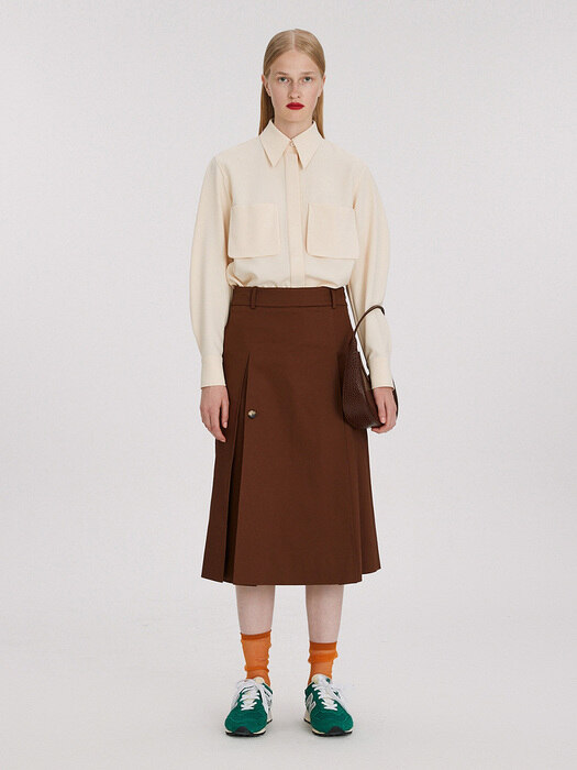 DOUBLE COTTON LOW-RISE PLEATED SKIRT (BROWN)