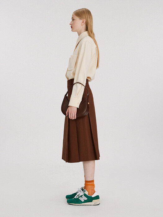 DOUBLE COTTON LOW-RISE PLEATED SKIRT (BROWN)