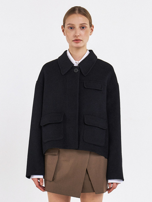 HANDMADE CASHMERE WOOL HALF COAT[BLACK]