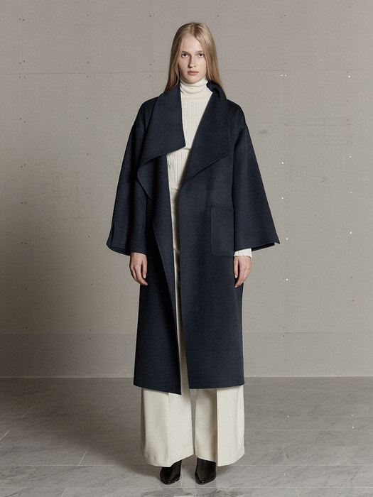 LUNDI Cashmere Unbalance Shawl Collar Handmade Coat_Indigo Navy