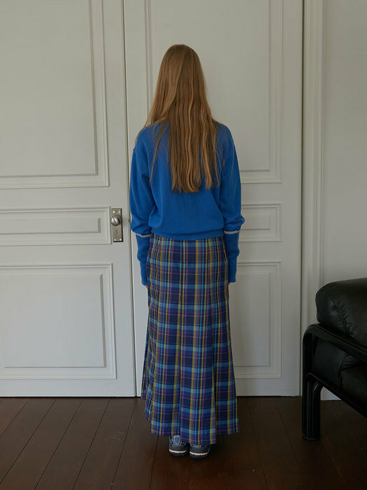 long check pleated skirt _ Blue